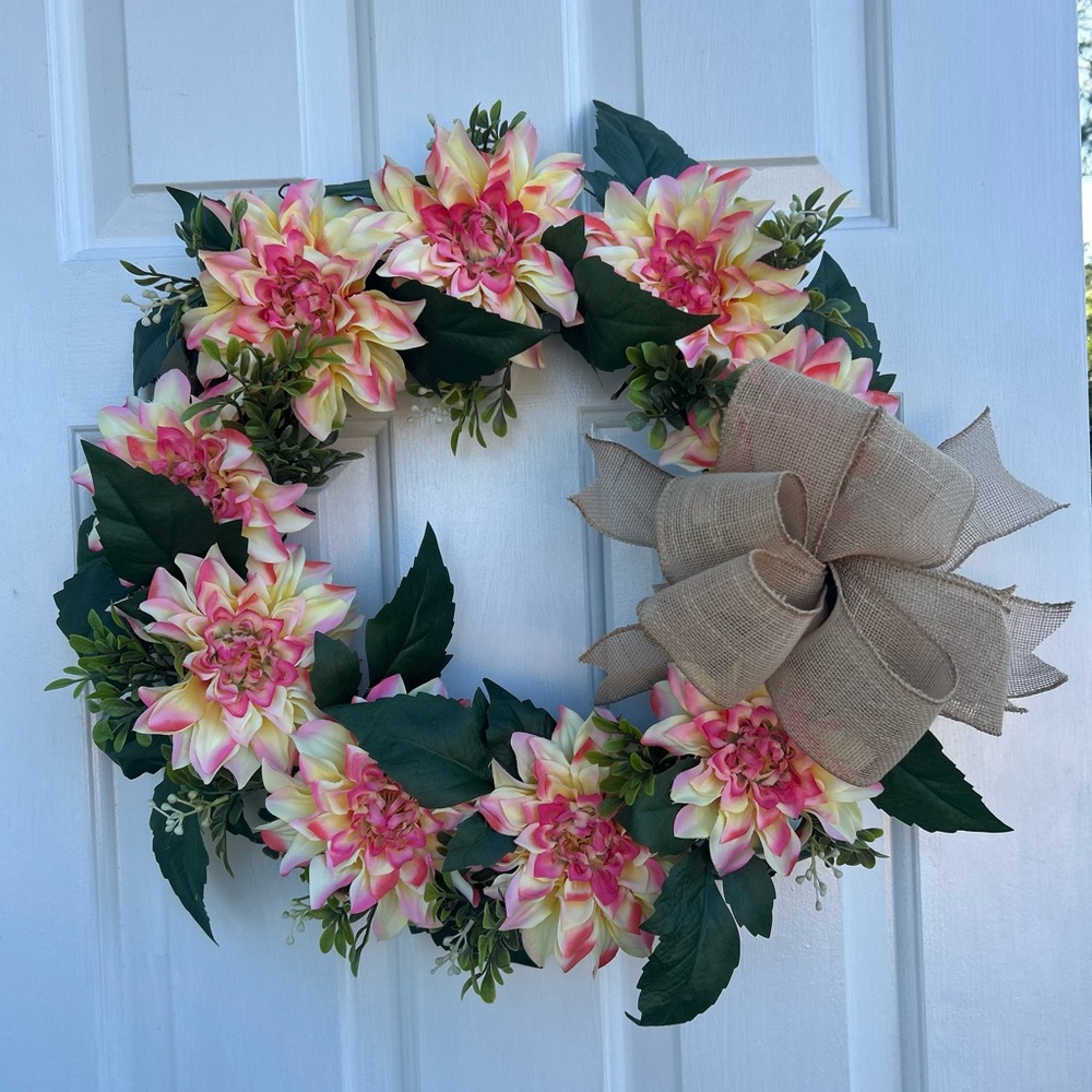 Pink Dahlia Wreath with Burlap Bow